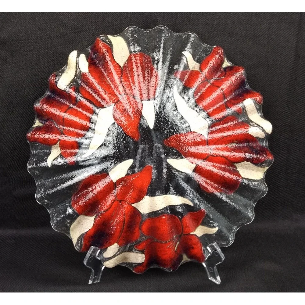 Sydenstricker Art Glass Ruffled Plate Elephant Ear Orchid Purple Red Wavy Signed